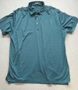 Peter Millar Men XXL Blue Black Striped Polo Shirt Prairie Dunes Golf Club CC